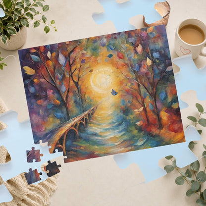 Bridge to Healing - Watercolor Landscape Puzzle with Glowing Path, Stone Bridge, and Colorful Floating Leaves