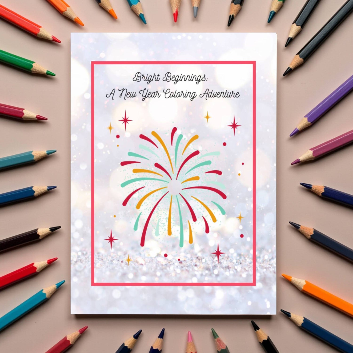 New Year coloring book with fireworks, reflections, and hopeful themes