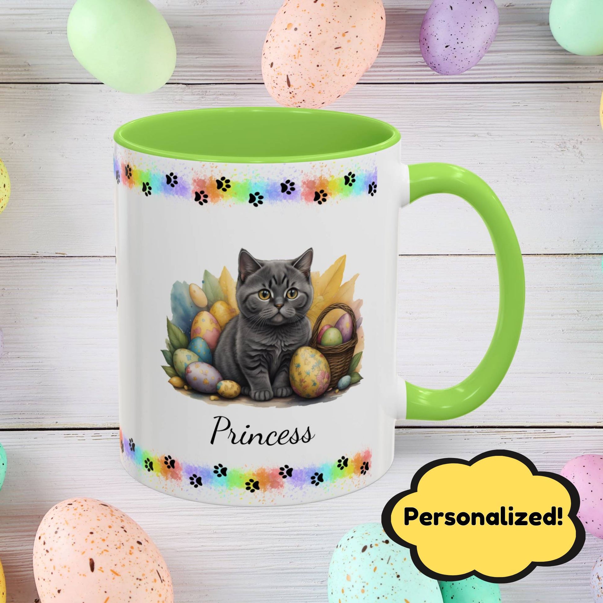 British Shorthair: Personalized Easter Kitten Coffee Mug - Adorable Cat Design, Mental Health Gift, 11oz & 15oz, 12 Color Choices, Easter Gifts & Décor