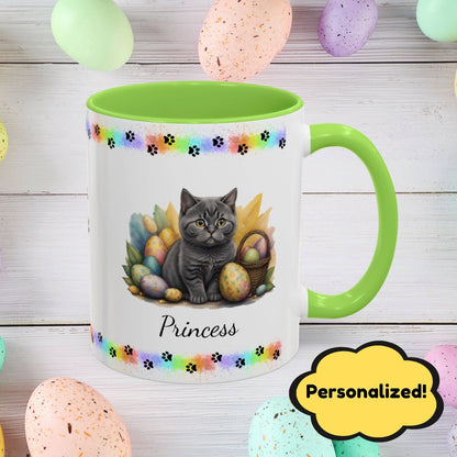 British Shorthair: Personalized Easter Kitten Coffee Mug - Adorable Cat Design, Mental Health Gift, 11oz & 15oz, 12 Color Choices, Easter Gifts & Décor