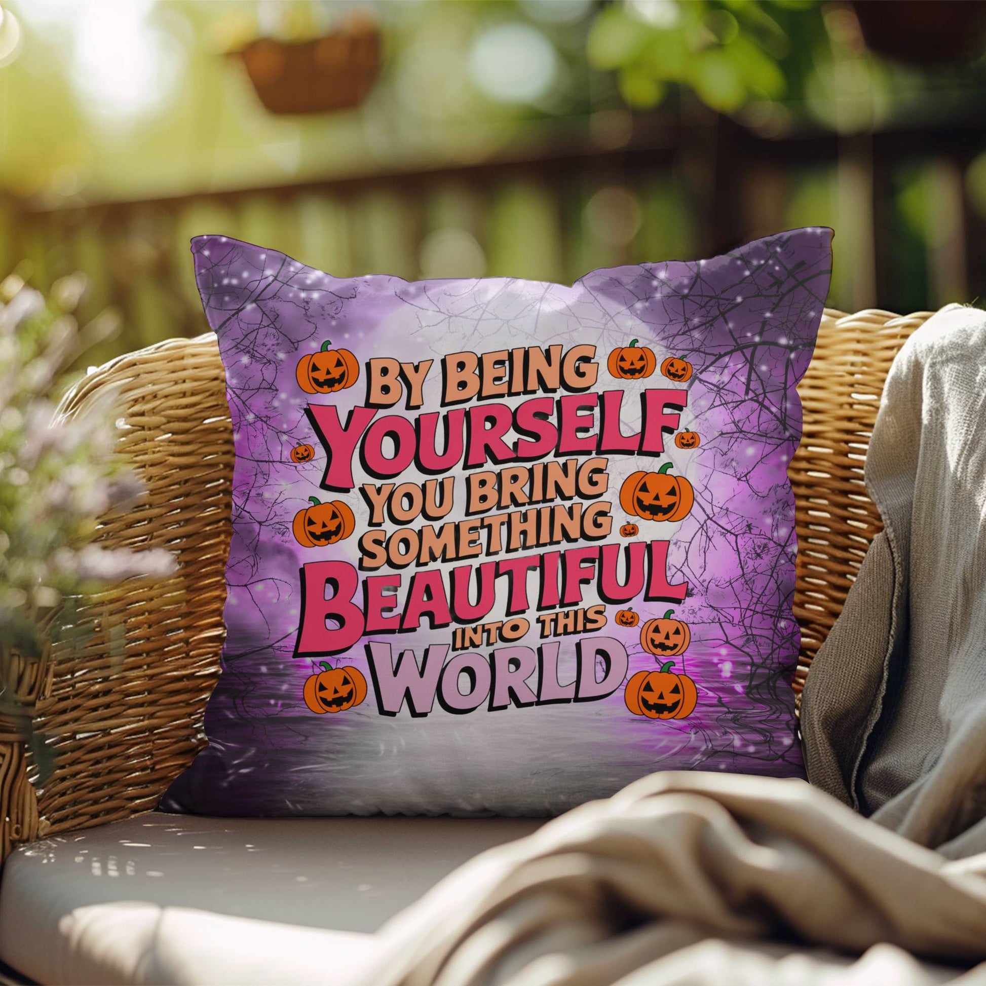 Inspirational indoor/outdoor throw pillow with “By Being Yourself” for mental health awareness