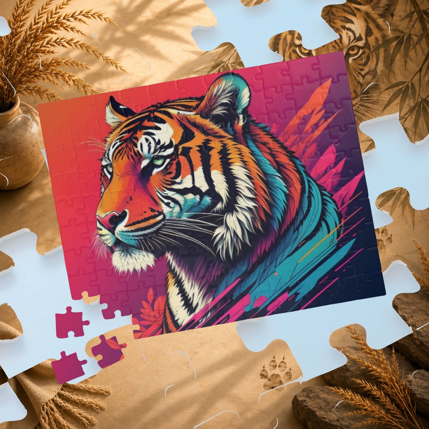 Calm in the Tiger's Stripes - Tropical Tiger Jigsaw Puzzle with Coral Gradient and Teal Leaf Art