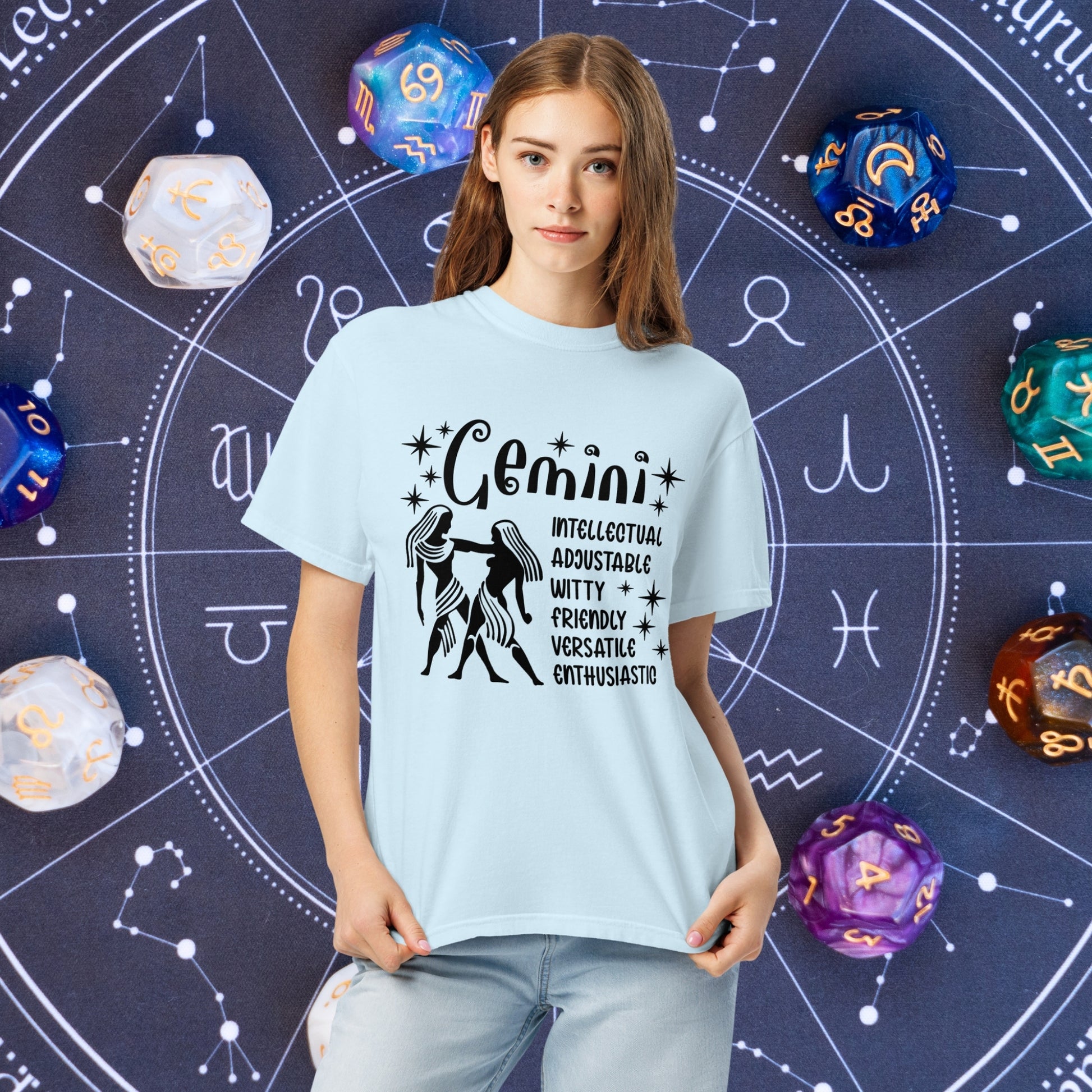 Gemini Zodiac Comfort Colors Shirt - Versatile unisex astrology graphic tee featuring Gemini sign, great for self-expression and mental wellness