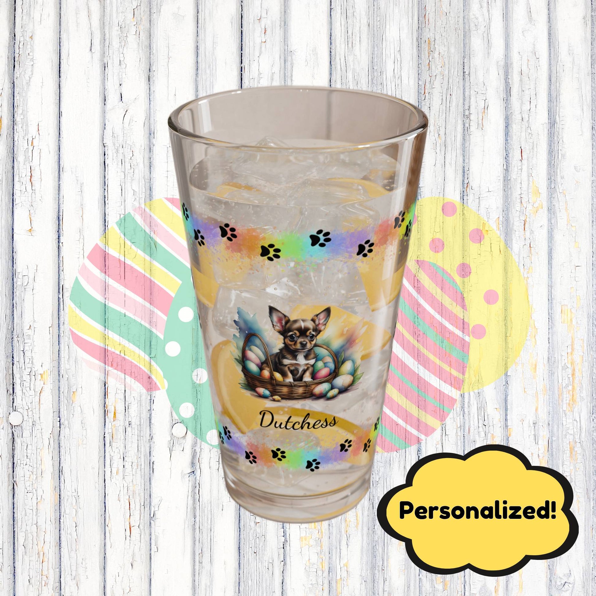 Chihuahua (Black Tri) Personalized Easter Puppy 16oz Pint Glass - Custom Dog Design, Mental Health Gift, Easter Décor, and Festive Celebrations