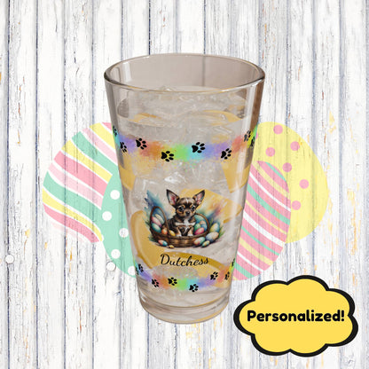 Chihuahua (Black Tri) Personalized Easter Puppy 16oz Pint Glass - Custom Dog Design, Mental Health Gift, Easter Décor, and Festive Celebrations