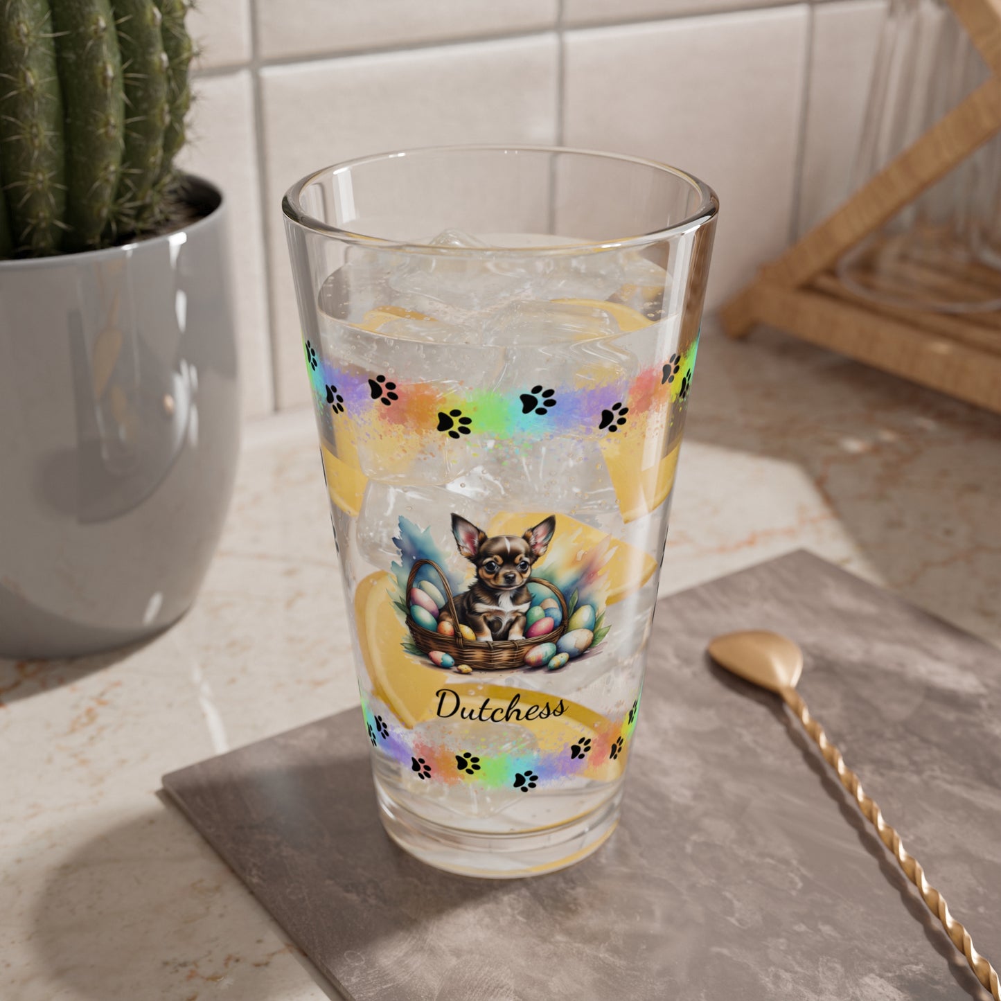 Chihuahua (Black Tri) Personalized Easter Puppy 16oz Pint Glass - Custom Dog Design, Mental Health Gift, Easter Décor, and Festive Celebrations