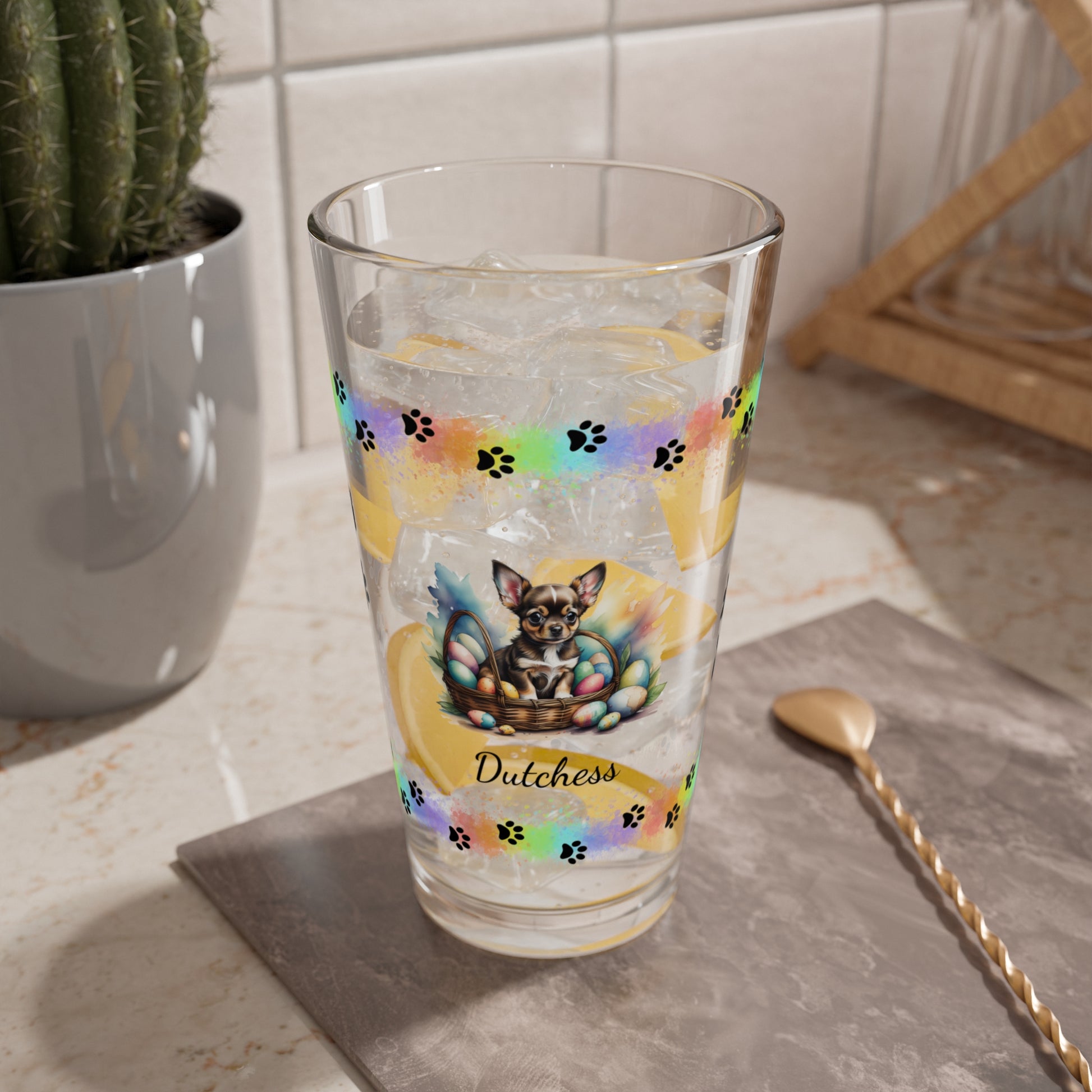 Chihuahua (Black Tri) Personalized Easter Puppy 16oz Pint Glass - Custom Dog Design, Mental Health Gift, Easter Décor, and Festive Celebrations