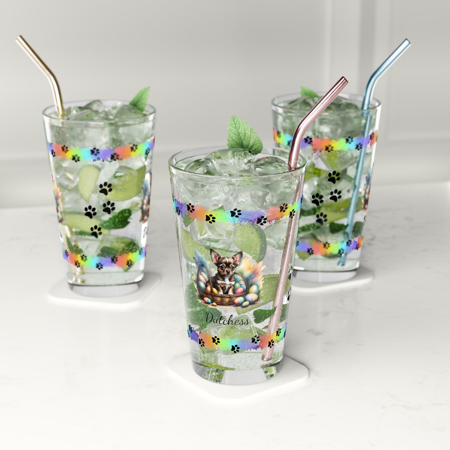 Chihuahua (Black Tri) Personalized Easter Puppy 16oz Pint Glass - Custom Dog Design, Mental Health Gift, Easter Décor, and Festive Celebrations