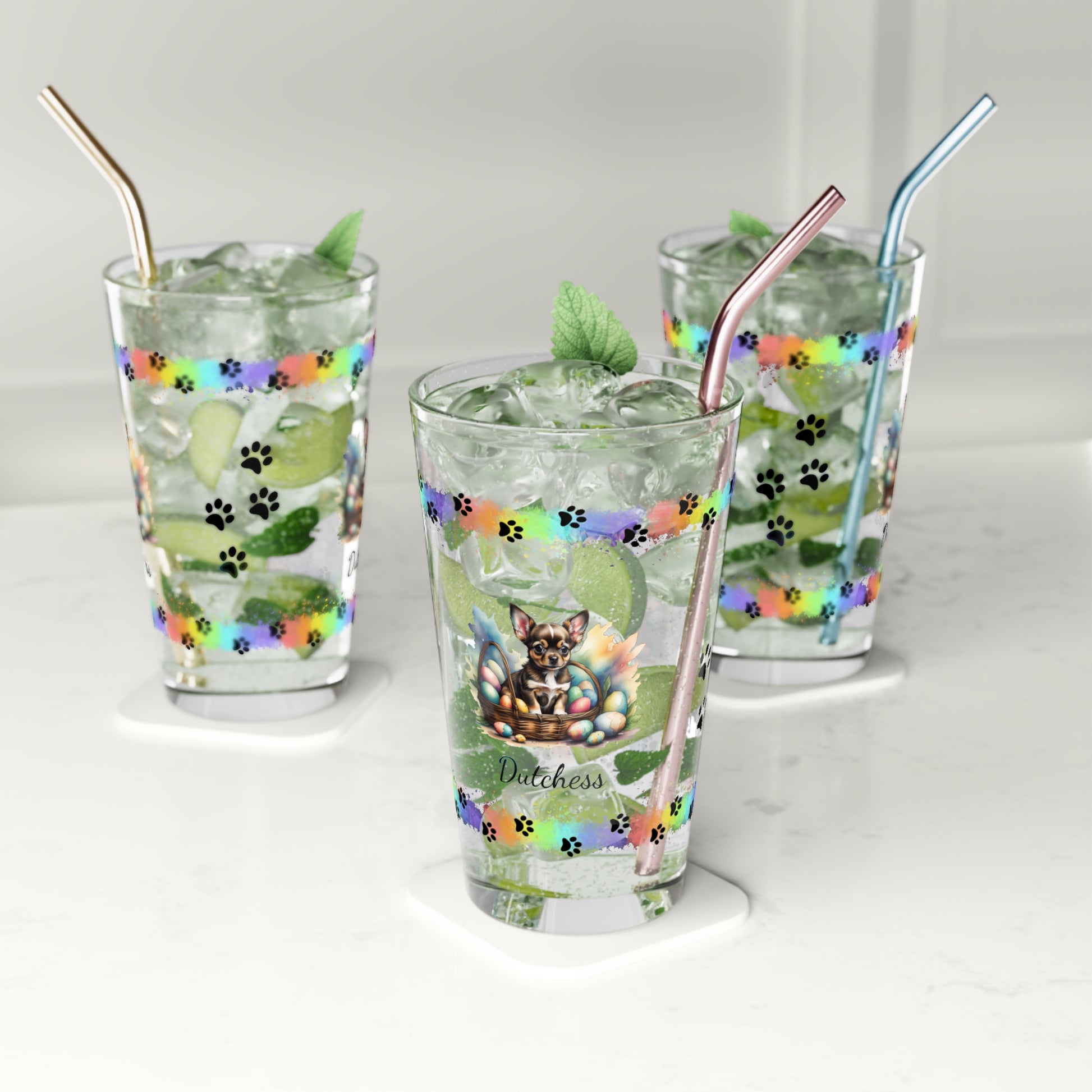Chihuahua (Black Tri) Personalized Easter Puppy 16oz Pint Glass - Custom Dog Design, Mental Health Gift, Easter Décor, and Festive Celebrations