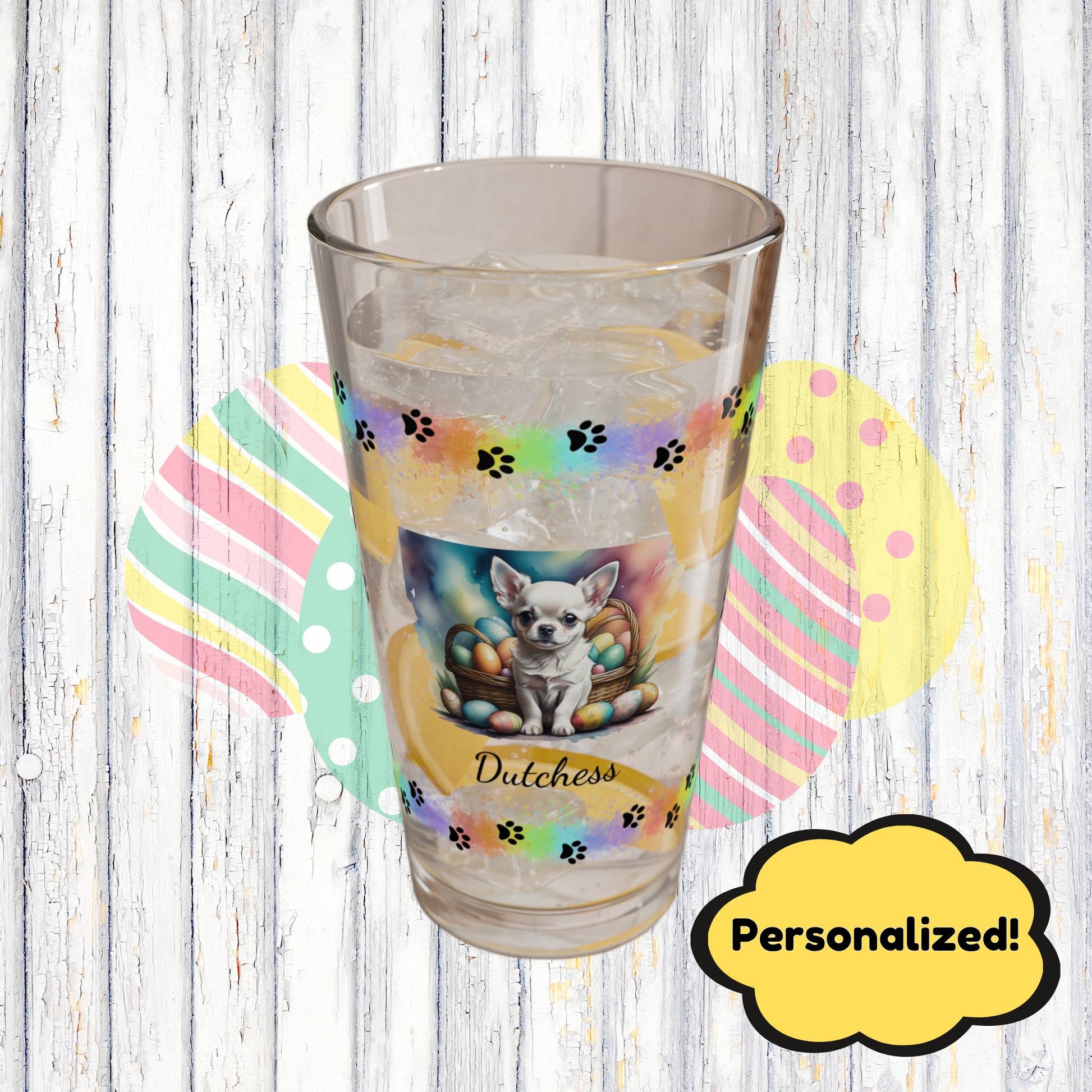 Chihuahua (White) Personalized Easter Puppy 16oz Pint Glass - Custom Dog Design, Mental Health Gift, Easter Décor, and Festive Celebrations