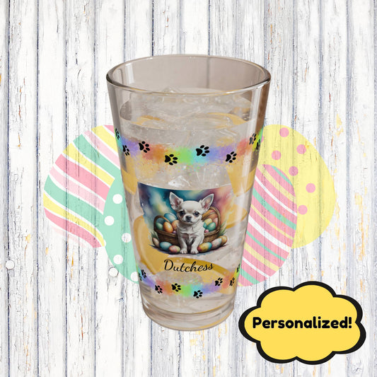 Chihuahua (White) Personalized Easter Puppy 16oz Pint Glass - Custom Dog Design, Mental Health Gift, Easter Décor, and Festive Celebrations