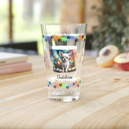 Chihuahua (White) Personalized Easter Puppy 16oz Pint Glass - Custom Dog Design, Mental Health Gift, Easter Décor, and Festive Celebrations