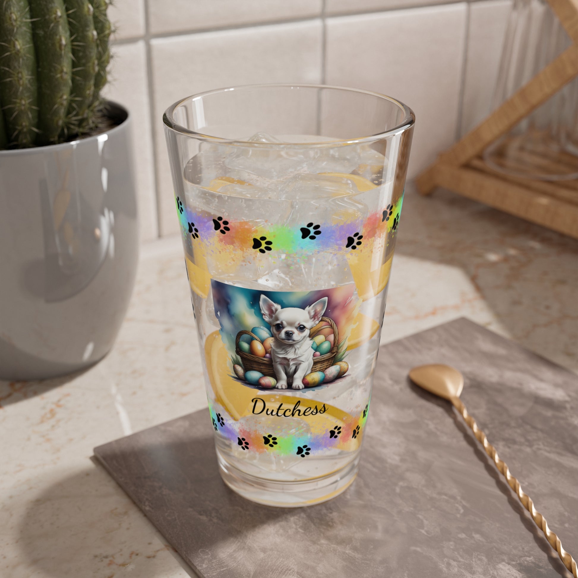 Chihuahua (White) Personalized Easter Puppy 16oz Pint Glass - Custom Dog Design, Mental Health Gift, Easter Décor, and Festive Celebrations