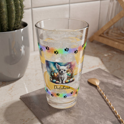 Chihuahua (White) Personalized Easter Puppy 16oz Pint Glass - Custom Dog Design, Mental Health Gift, Easter Décor, and Festive Celebrations
