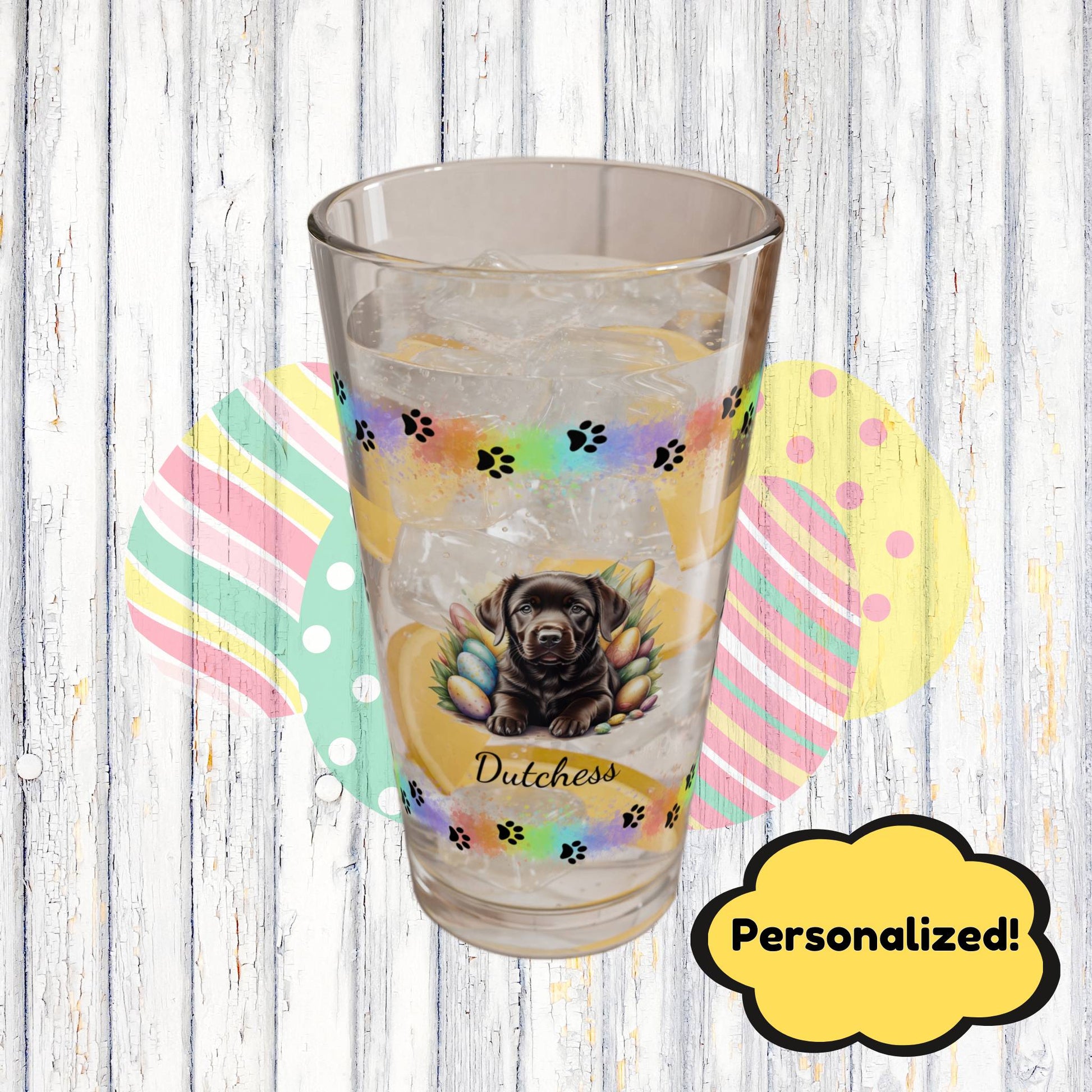 Chocolate Labrador Personalized Easter Puppy 16oz Pint Glass - Custom Dog Design, Mental Health Gift, Easter Décor, and Festive Celebrations