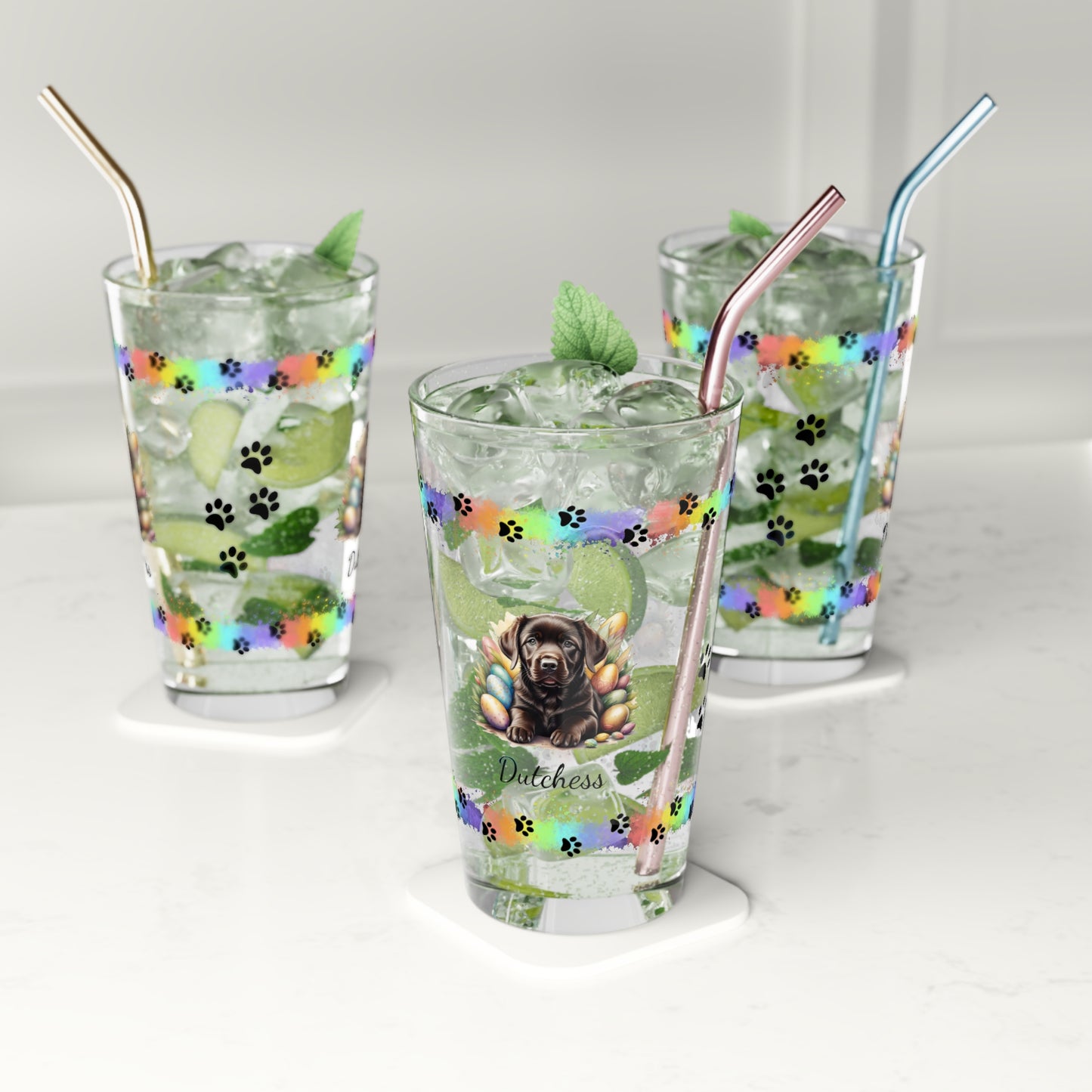 Chocolate Labrador Personalized Easter Puppy 16oz Pint Glass - Custom Dog Design, Mental Health Gift, Easter Décor, and Festive Celebrations