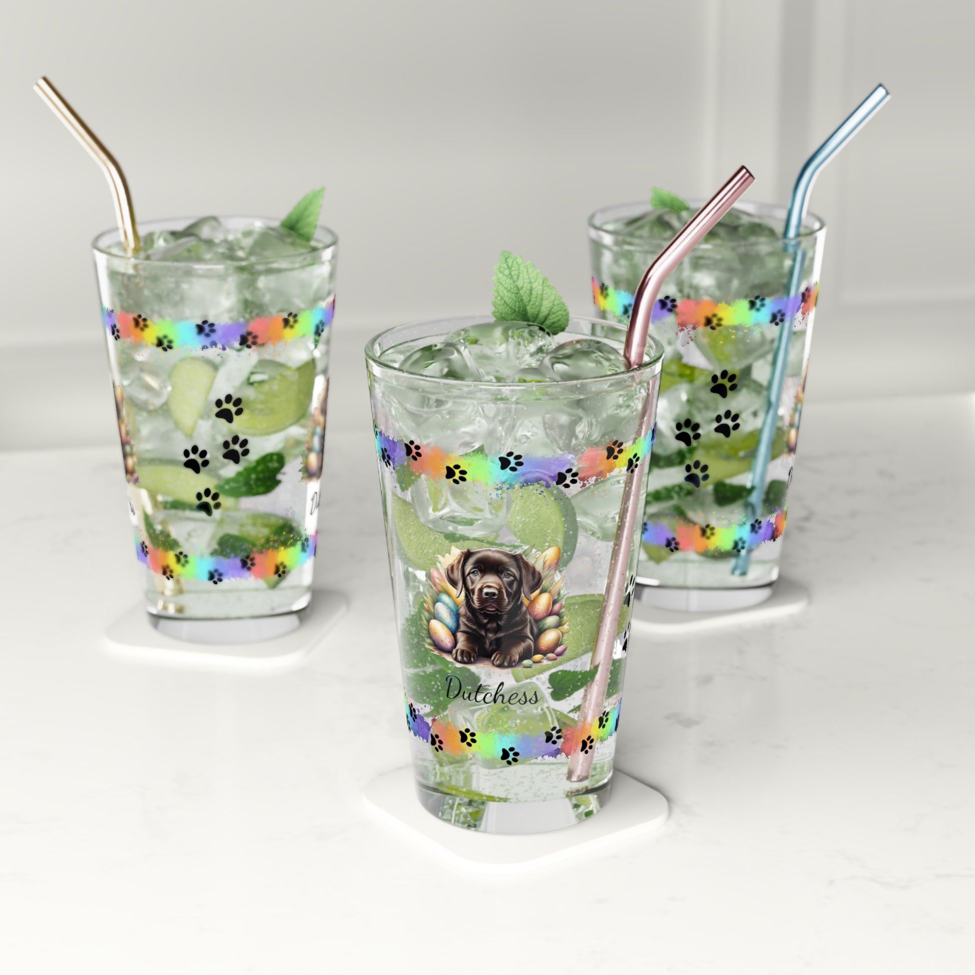 Chocolate Labrador Personalized Easter Puppy 16oz Pint Glass - Custom Dog Design, Mental Health Gift, Easter Décor, and Festive Celebrations
