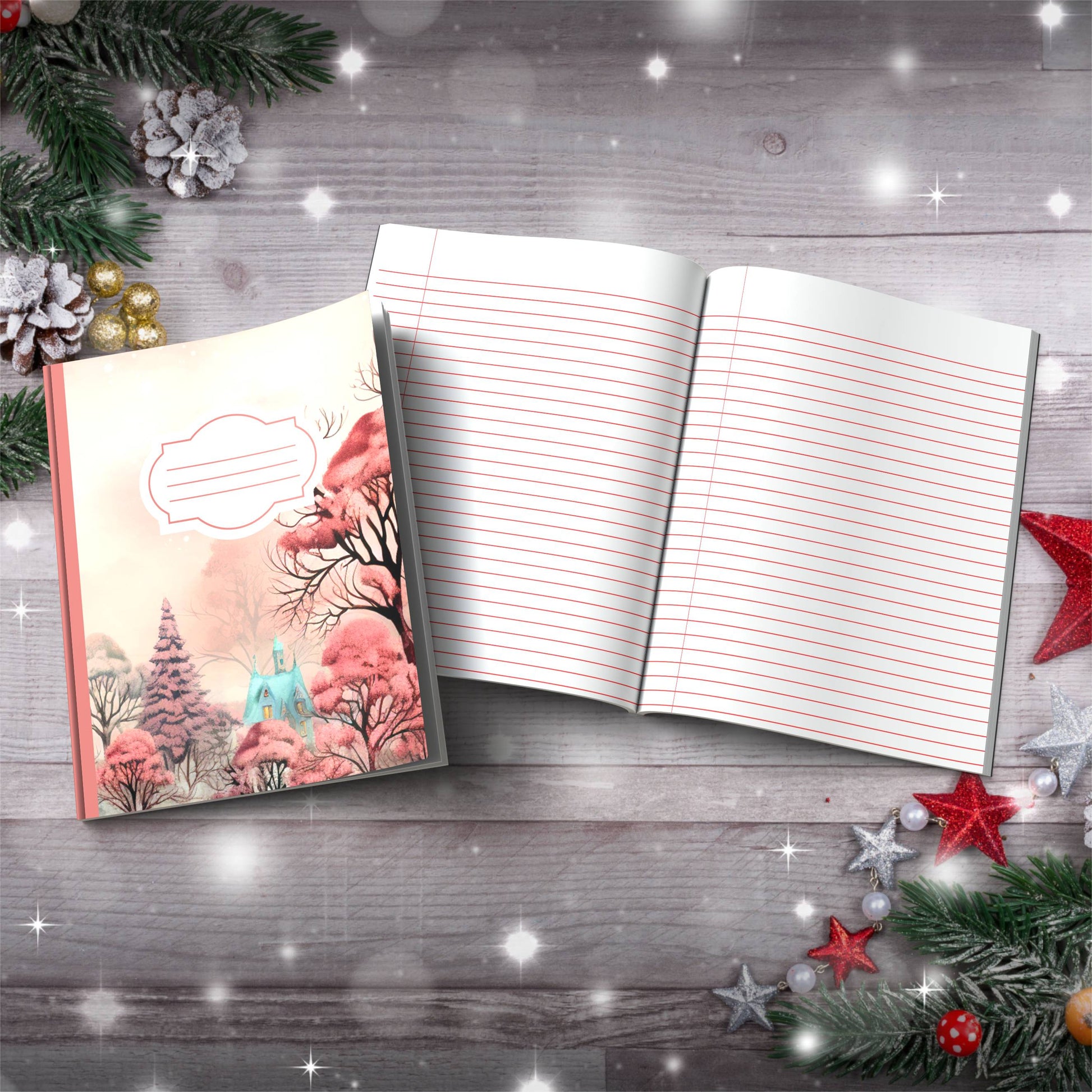 Pastel red strawberry trees with cottage Christmas notebook, paperback journal for mindfulness and journaling