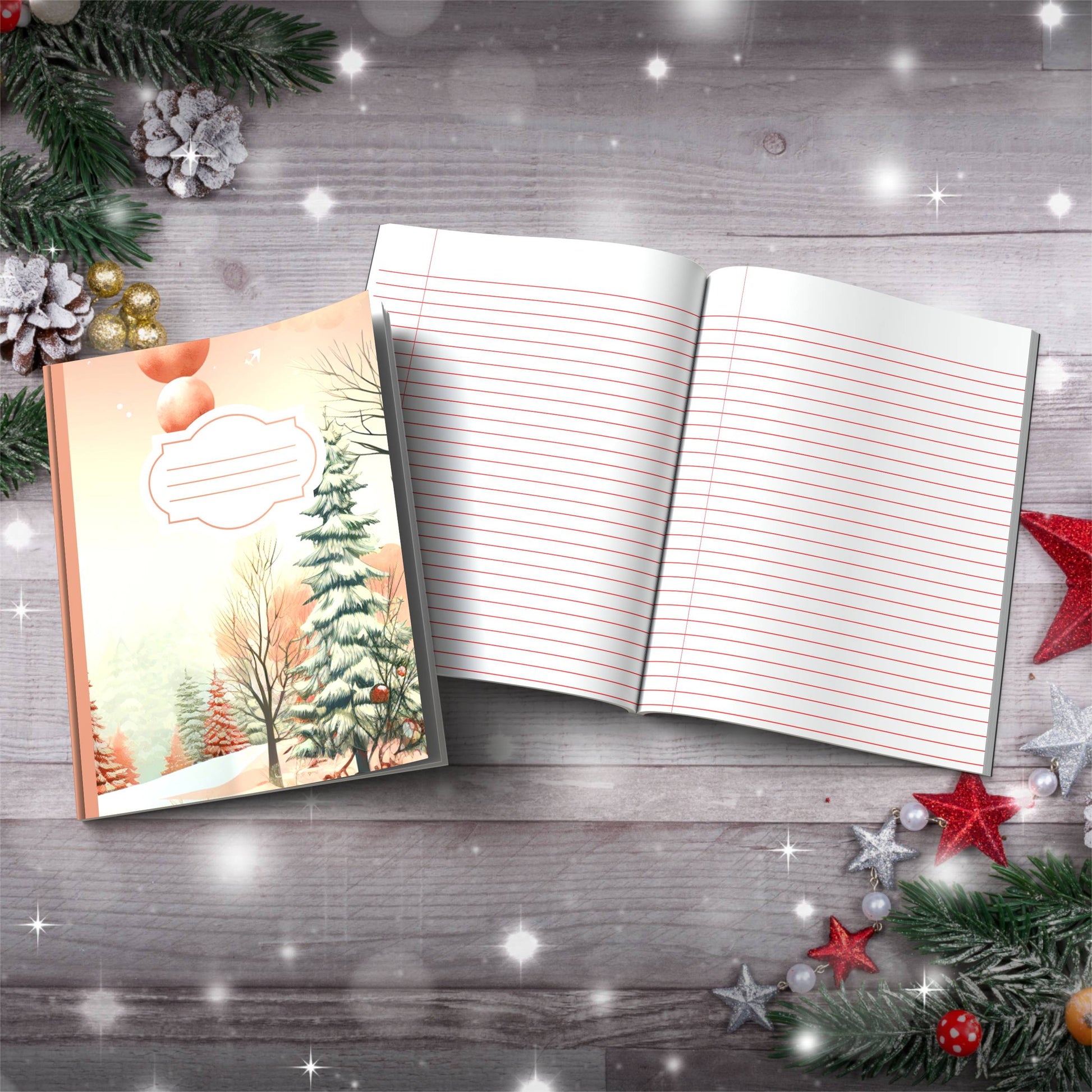 Pastel creamy orange winter trees and sky Christmas notebook, paperback journaling gift