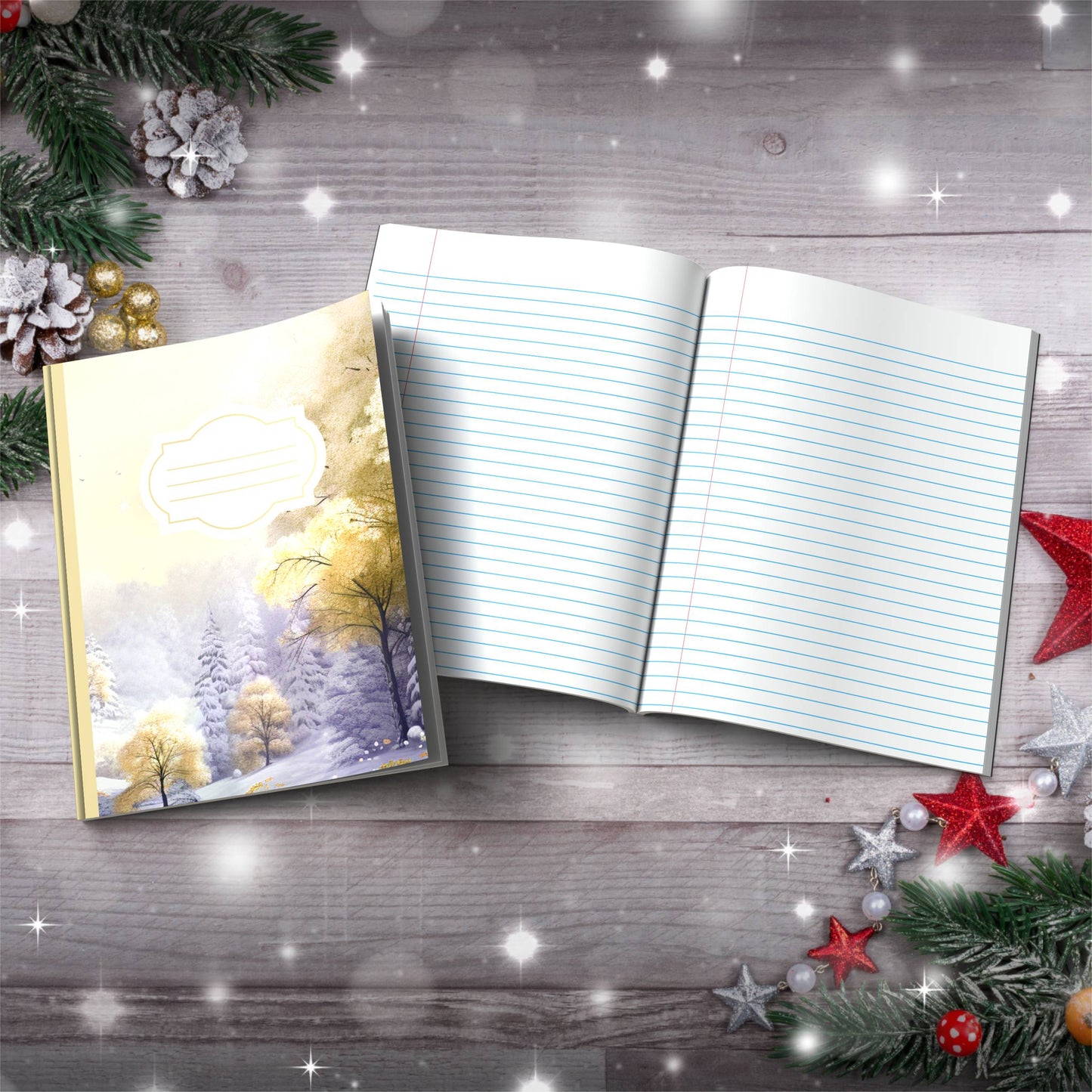 Pastel grey and yellow winter castle Christmas notebook, paperback journal for self-care and writing