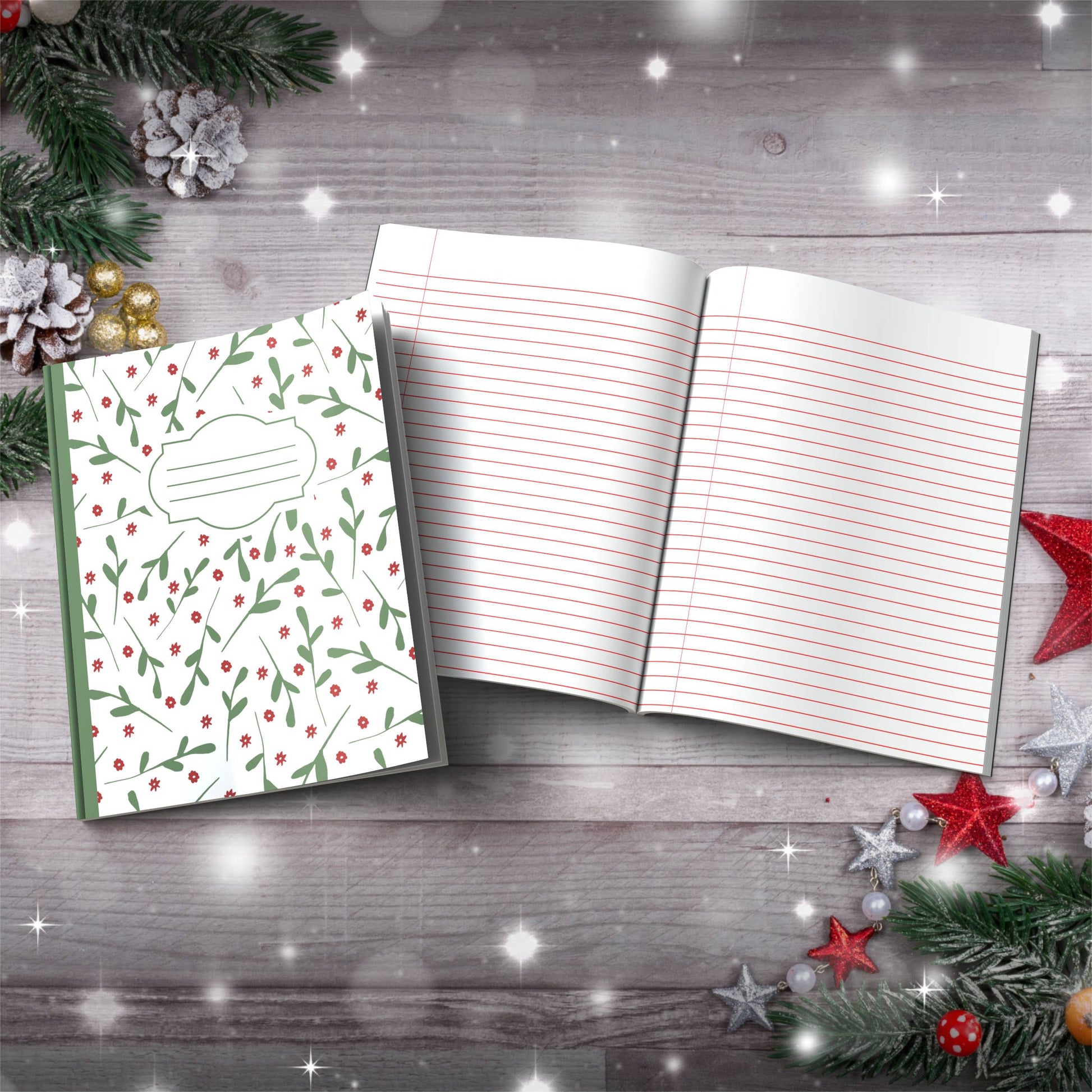 Olive & Red Trees with Snowflake Accents Paperback Christmas Composition Notebook for festive writing and holiday journaling