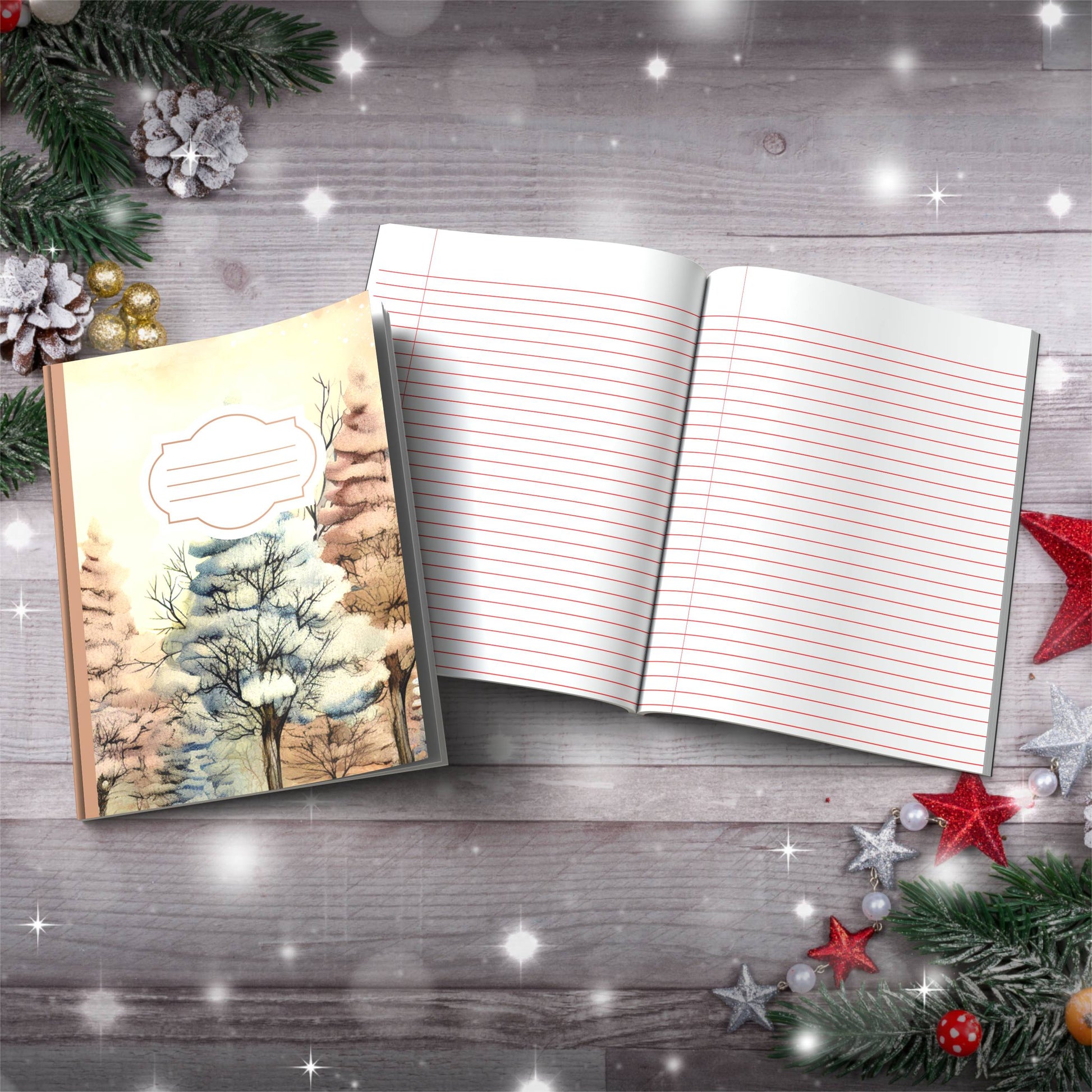 Pastel blue and pink winter sky with trees Christmas notebook, paperback journal for self-care