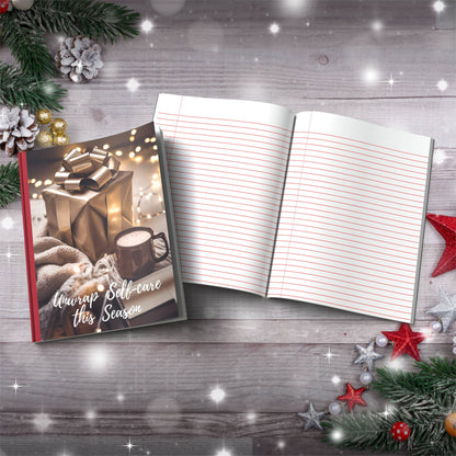 Unwrap Self-Care This Season Mindful Paperback Christmas Composition Notebook for holiday journaling and festive gifts