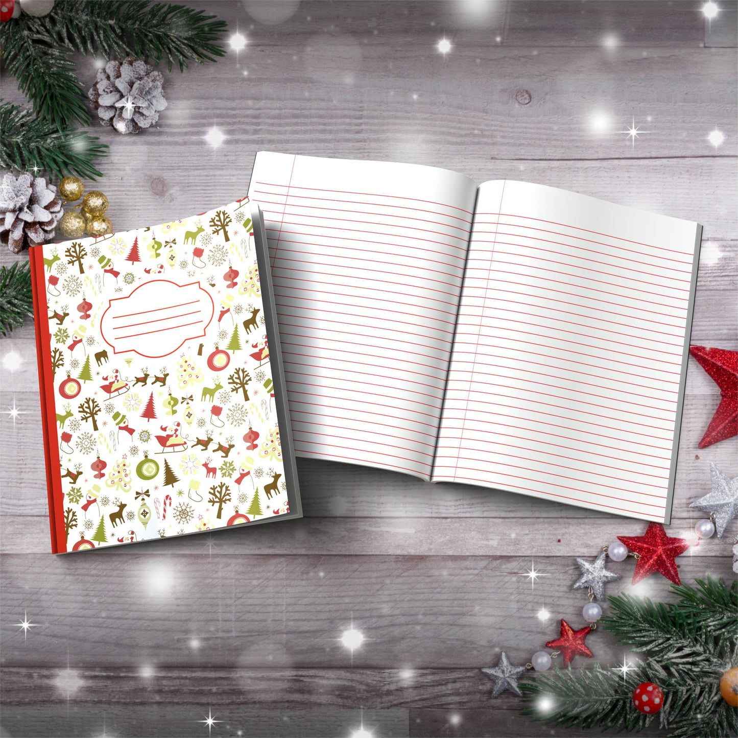 Santa, Stockings, Snowflakes & Stars Paperback Christmas Composition Notebook for journaling and holiday gift ideas