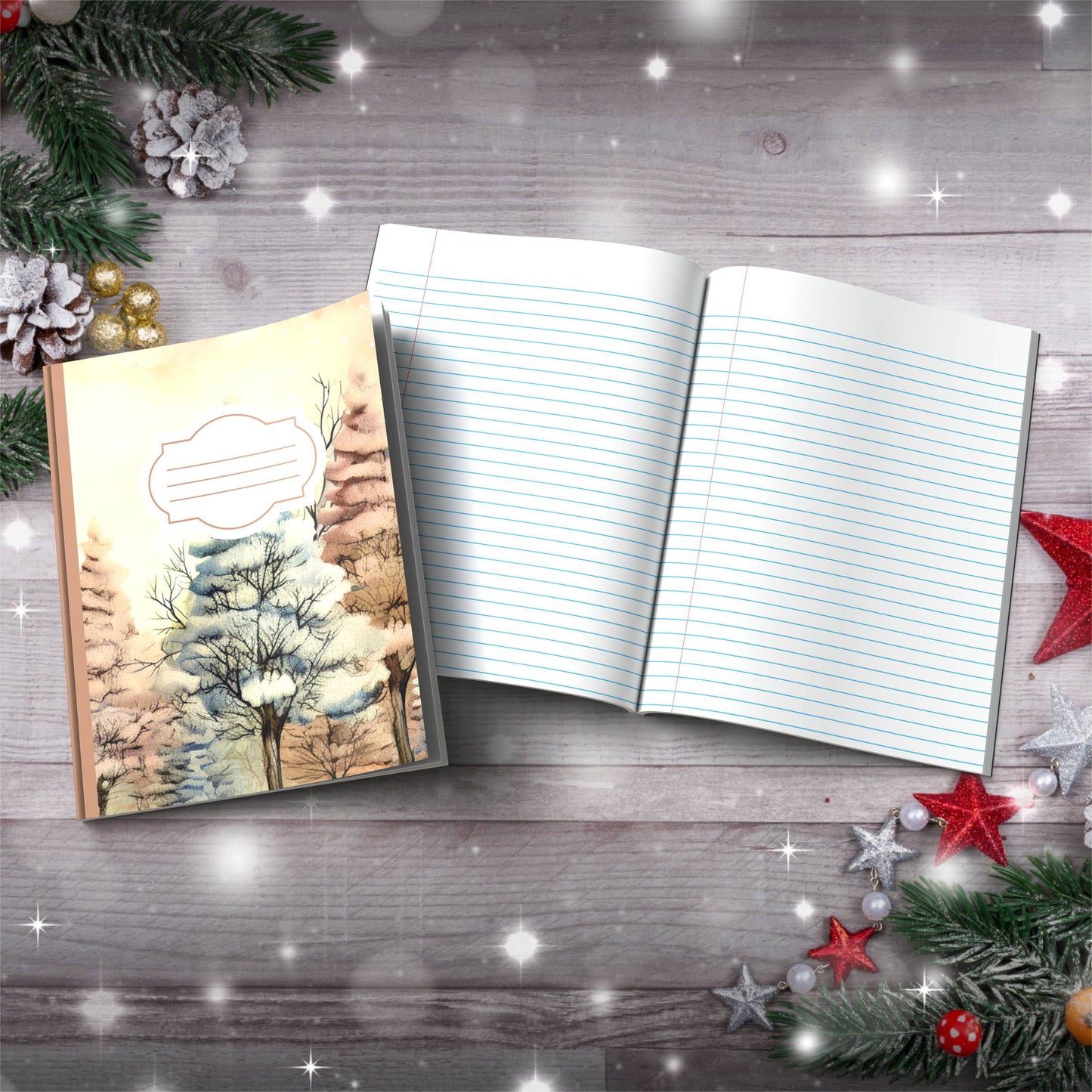 Pastel blue and pink winter sky with trees Christmas notebook, paperback journal for self-care