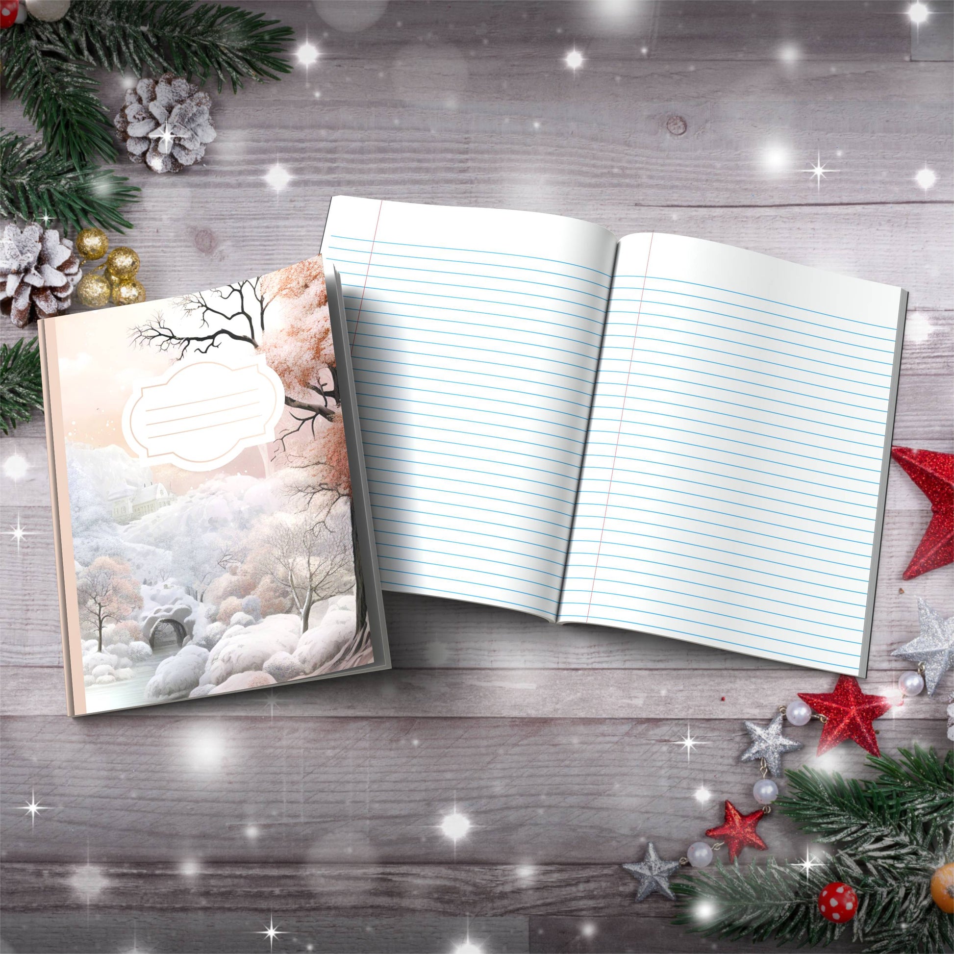 Coffee and cream winter wonderland with castle Christmas notebook, paperback journal for mindfulness