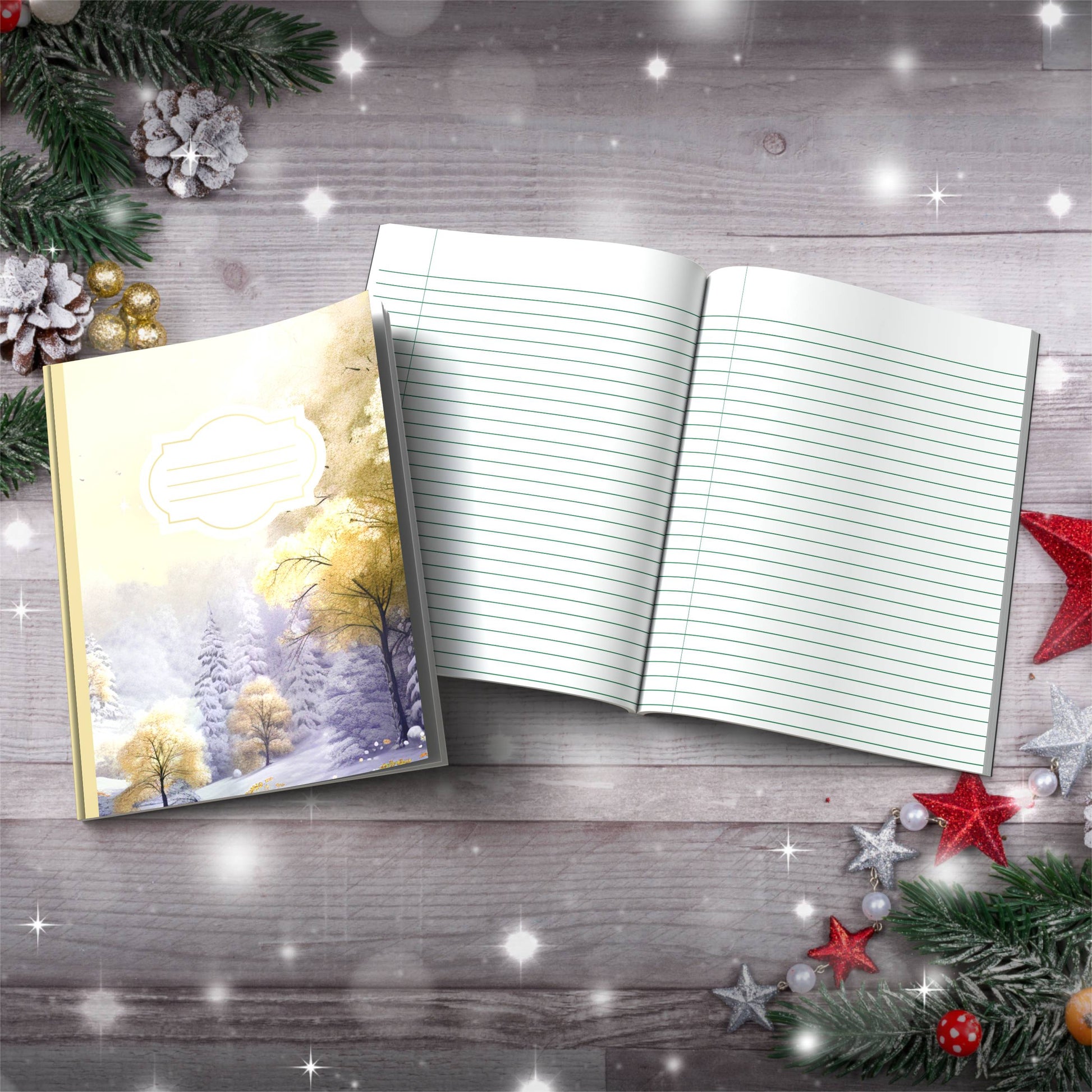 Pastel grey and yellow winter castle Christmas notebook, paperback journal for self-care and writing