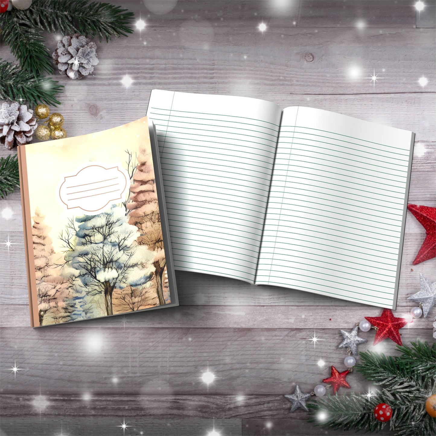 Pastel blue and pink winter sky with trees Christmas notebook, paperback journal for self-care