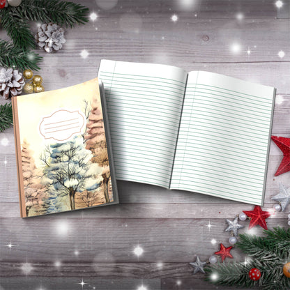 Pastel blue and pink winter sky with trees Christmas notebook, paperback journal for self-care