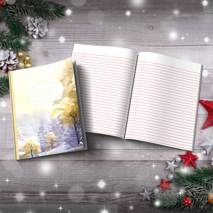 Pastel grey and yellow winter castle Christmas notebook, paperback journal for self-care and writing