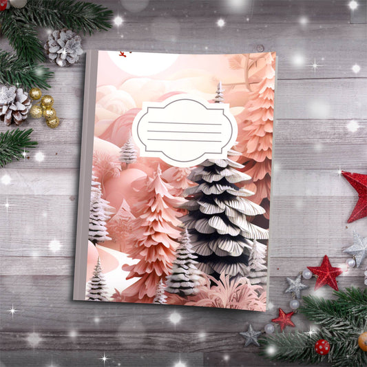 Strawberry and grey winter pine trees Christmas notebook, paperback journaling journal for self-care
