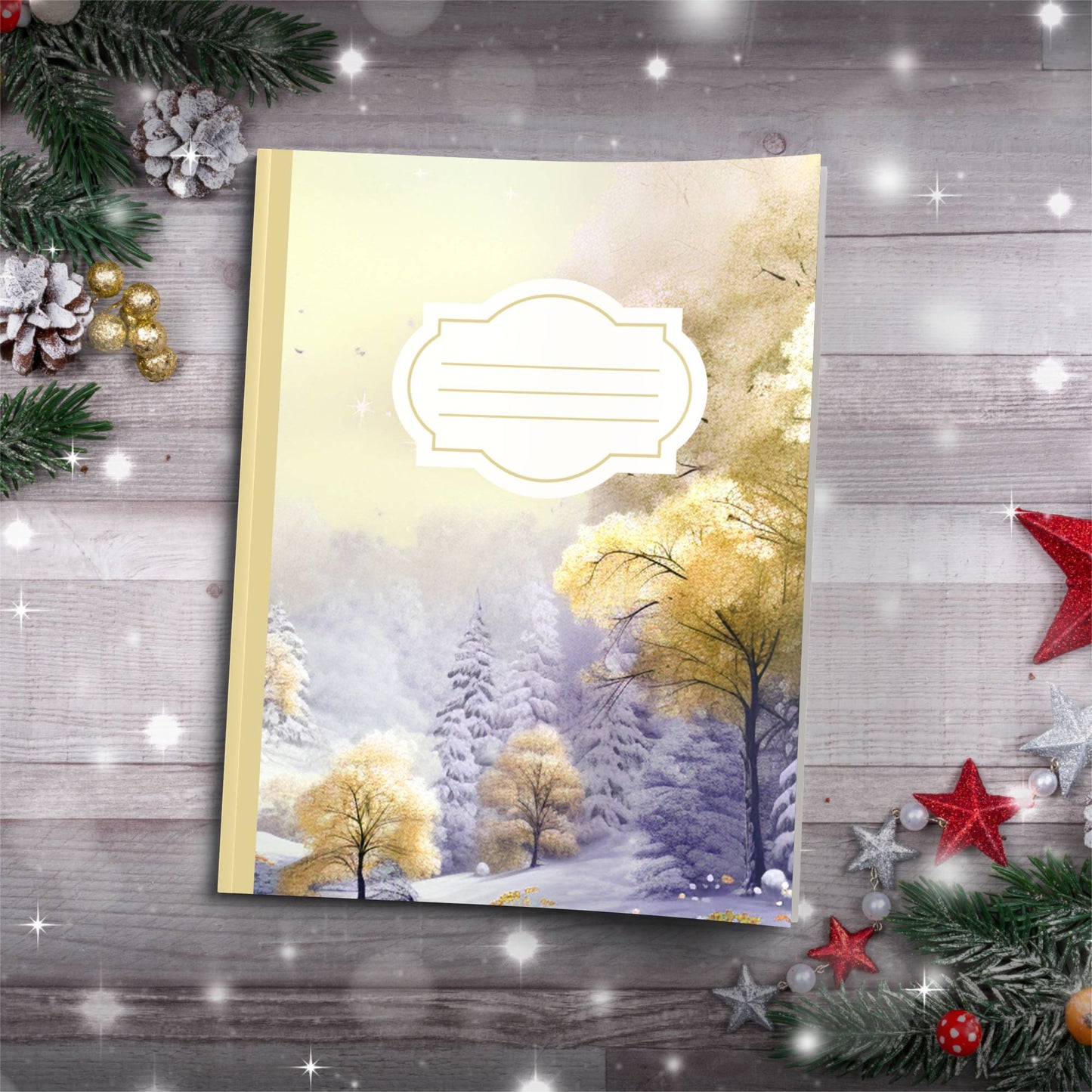 Pastel grey and yellow winter castle Christmas notebook, paperback journal for self-care and writing