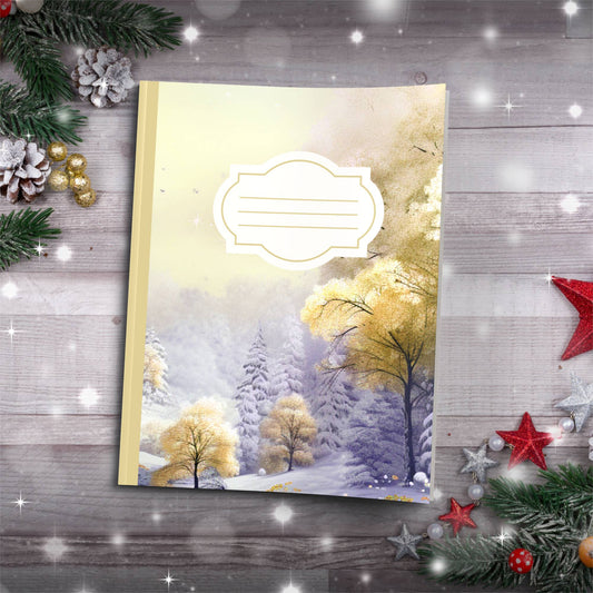 Pastel grey and yellow winter castle Christmas notebook, paperback journal for self-care and writing