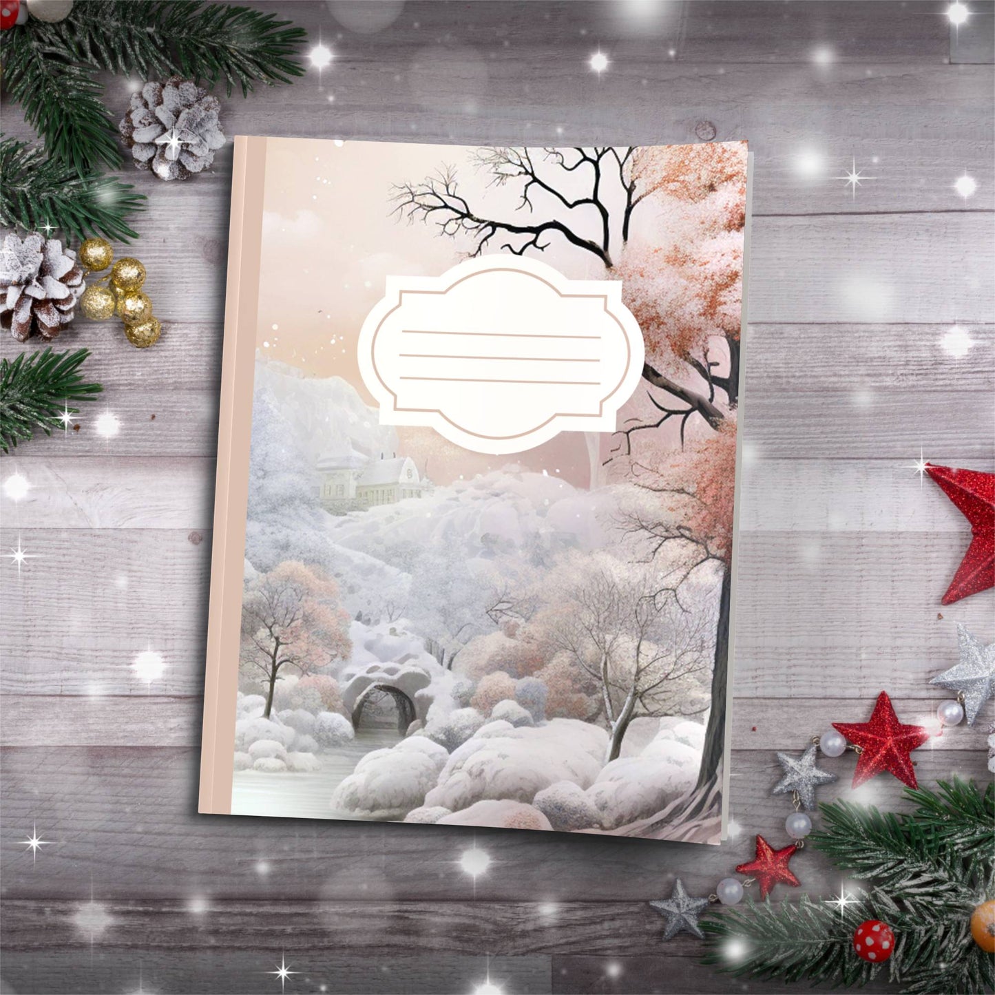 Coffee and cream winter wonderland with castle Christmas notebook, paperback journal for mindfulness