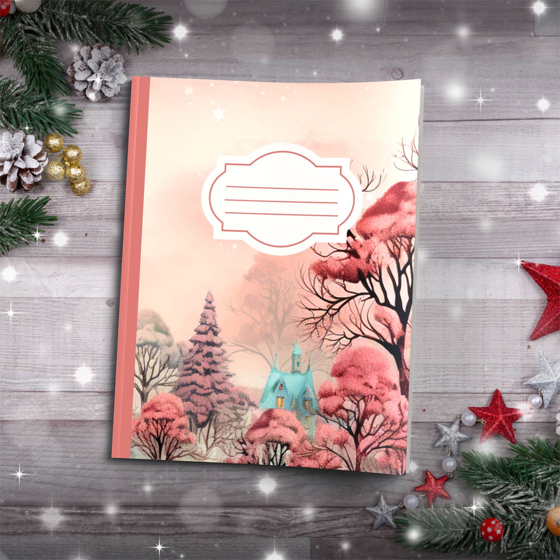 Pastel red strawberry trees with cottage Christmas notebook, paperback journal for mindfulness and journaling
