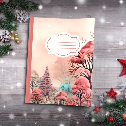Pastel red strawberry trees with cottage Christmas notebook, paperback journal for mindfulness and journaling