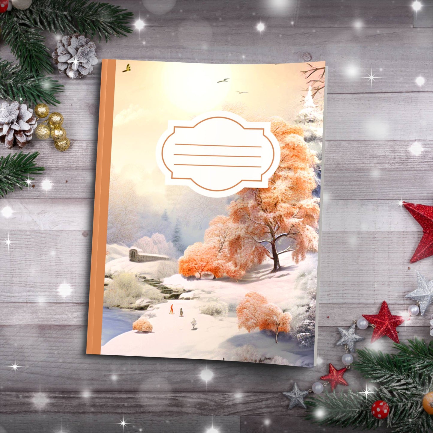 Pastel grey and orange winter wonderland Christmas composition notebook, paperback journaling gift