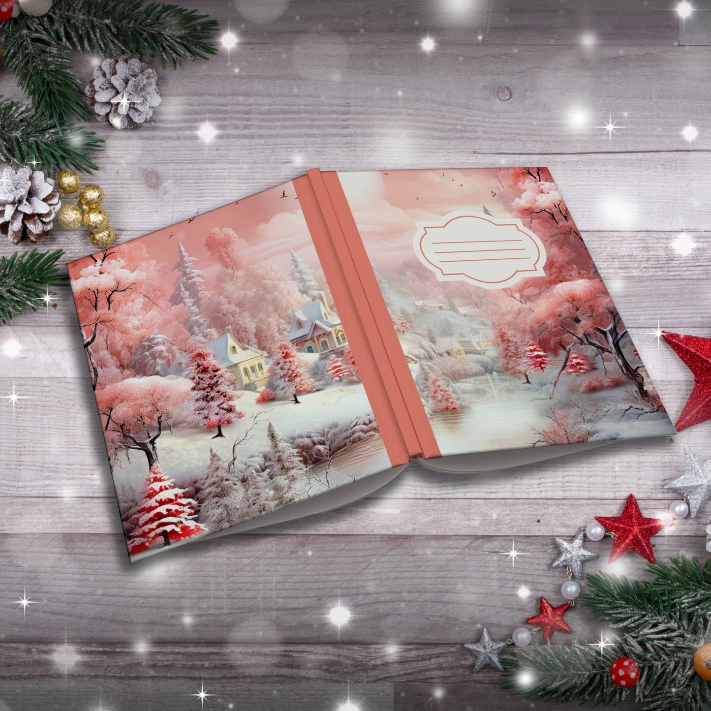 Winter strawberry lake with houses Christmas composition notebook, paperback journaling journal