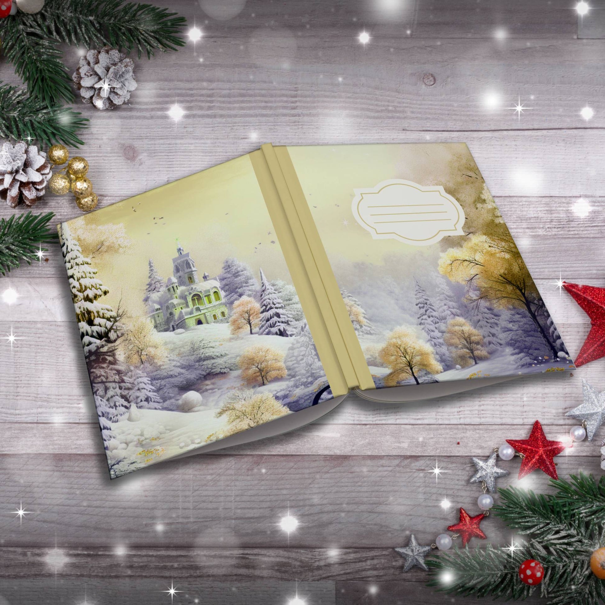Pastel grey and yellow winter castle Christmas notebook, paperback journal for self-care and writing