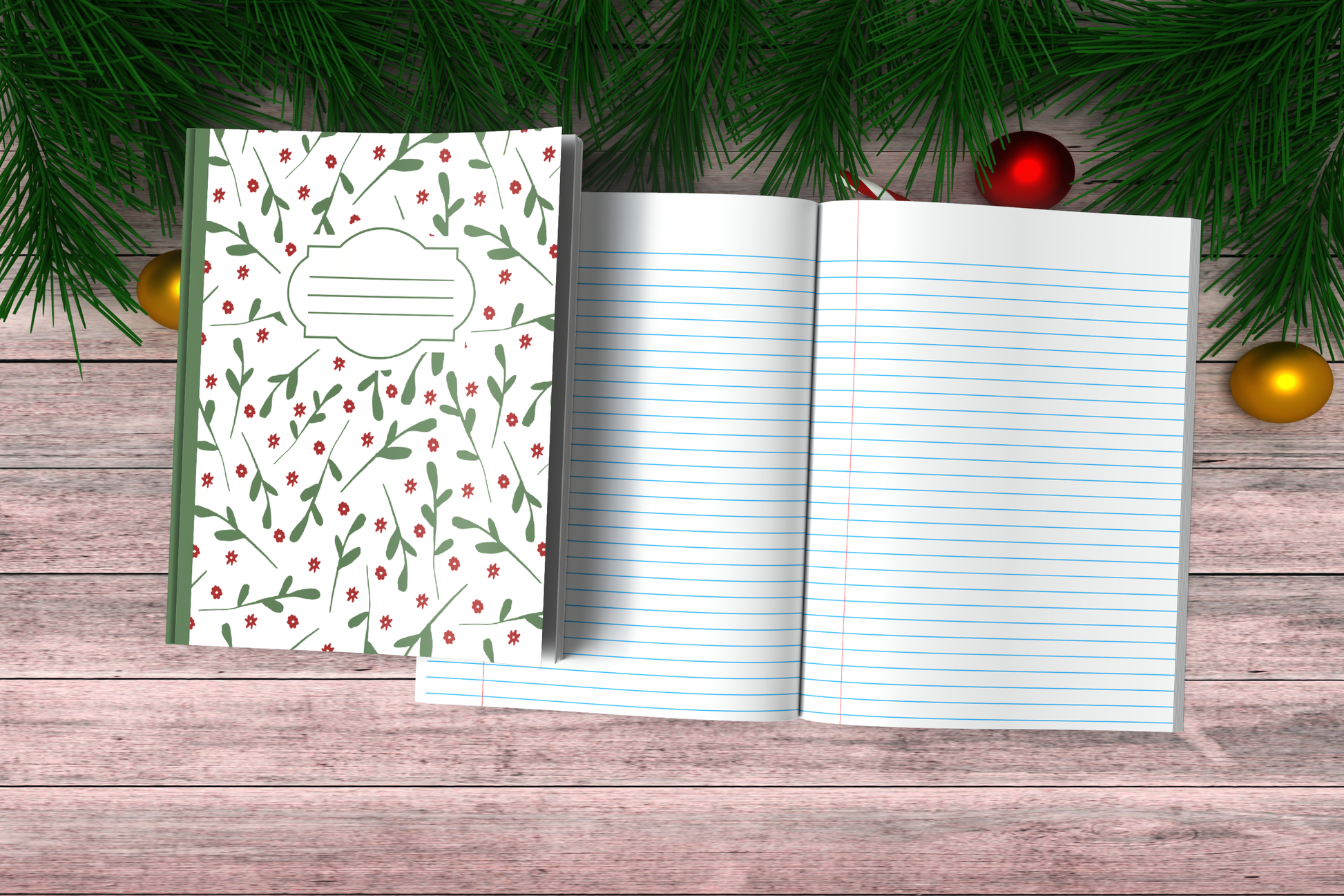 Christmas Composition Notebook (C3) - Ruled Lines In Standard Blue, Green, or Red