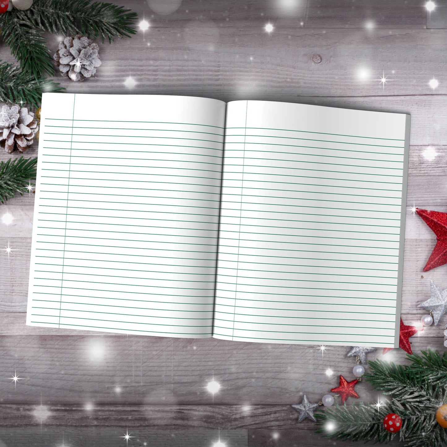 Christmas Composition Notebook - Crimson Trees & Holiday Ornaments | Ruled Lines in Red, Green, or Blue