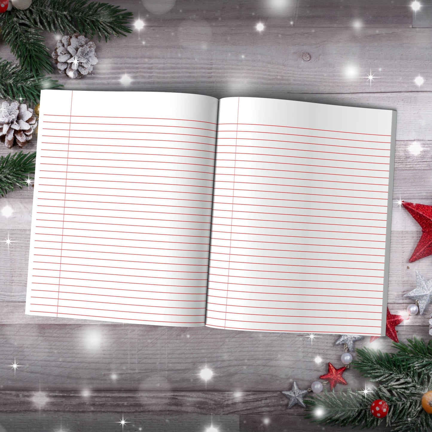 Christmas Composition Notebook - Crimson Trees & Holiday Ornaments | Ruled Lines in Red, Green, or Blue