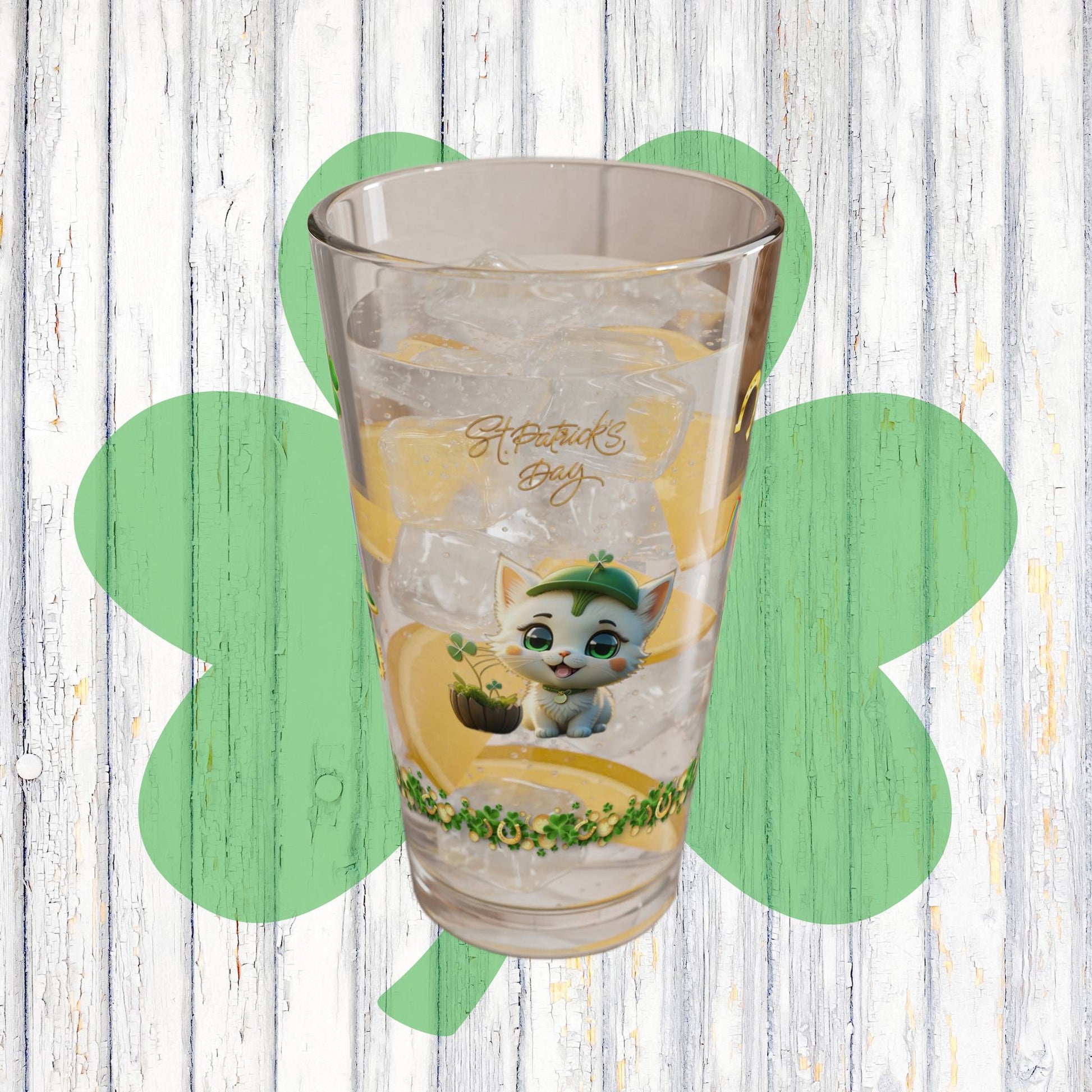 Clover Comfort Cat: Mindful St. Patrick's Day 16oz Pint Glasses - Festive Design for Positivity & Wellness