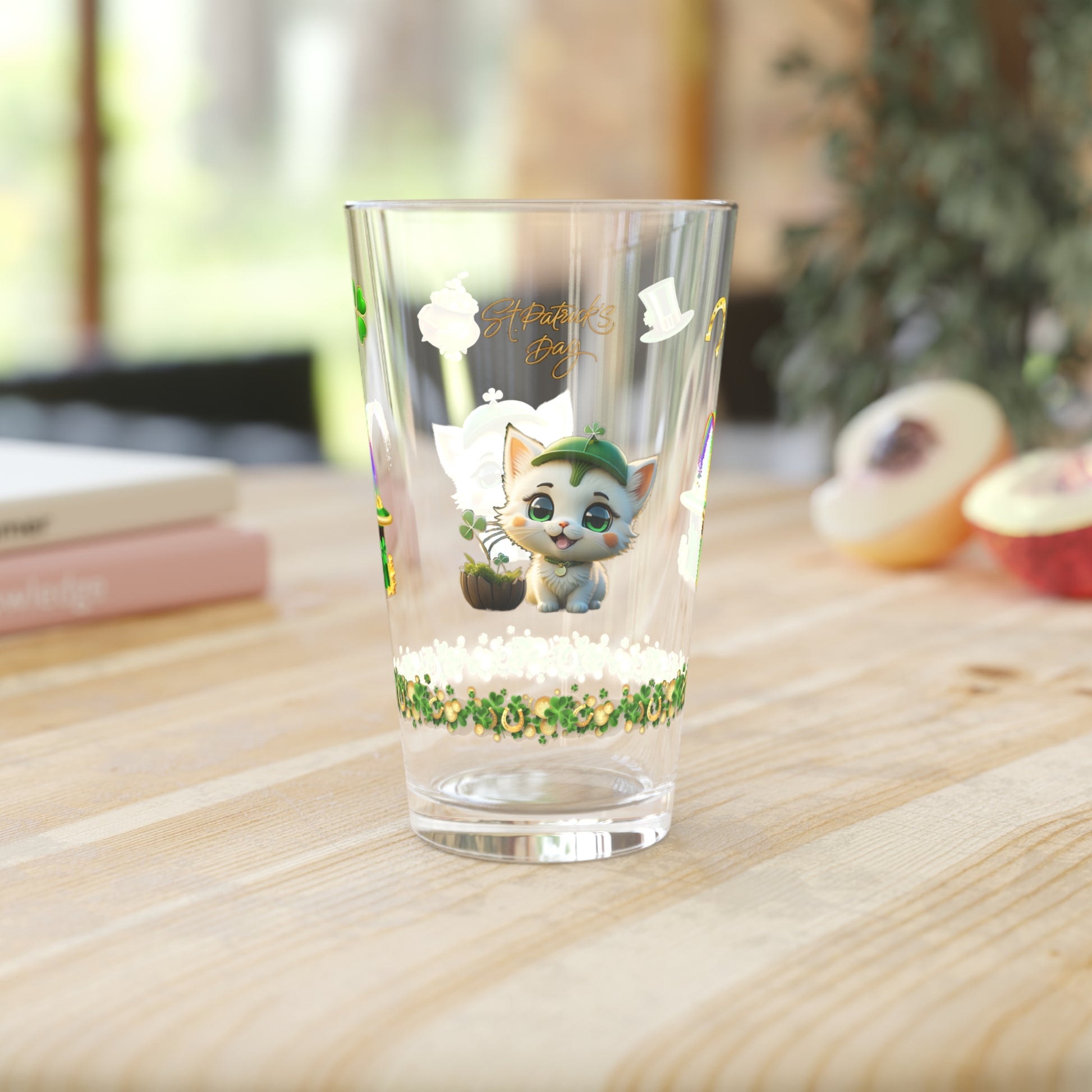 Clover Comfort Cat: Mindful St. Patrick's Day 16oz Pint Glasses - Festive Design for Positivity & Wellness