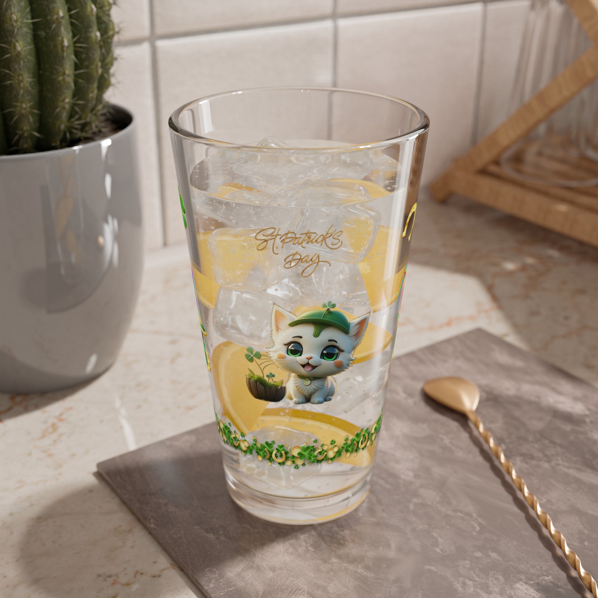 Clover Comfort Cat: Mindful St. Patrick's Day 16oz Pint Glasses - Festive Design for Positivity & Wellness
