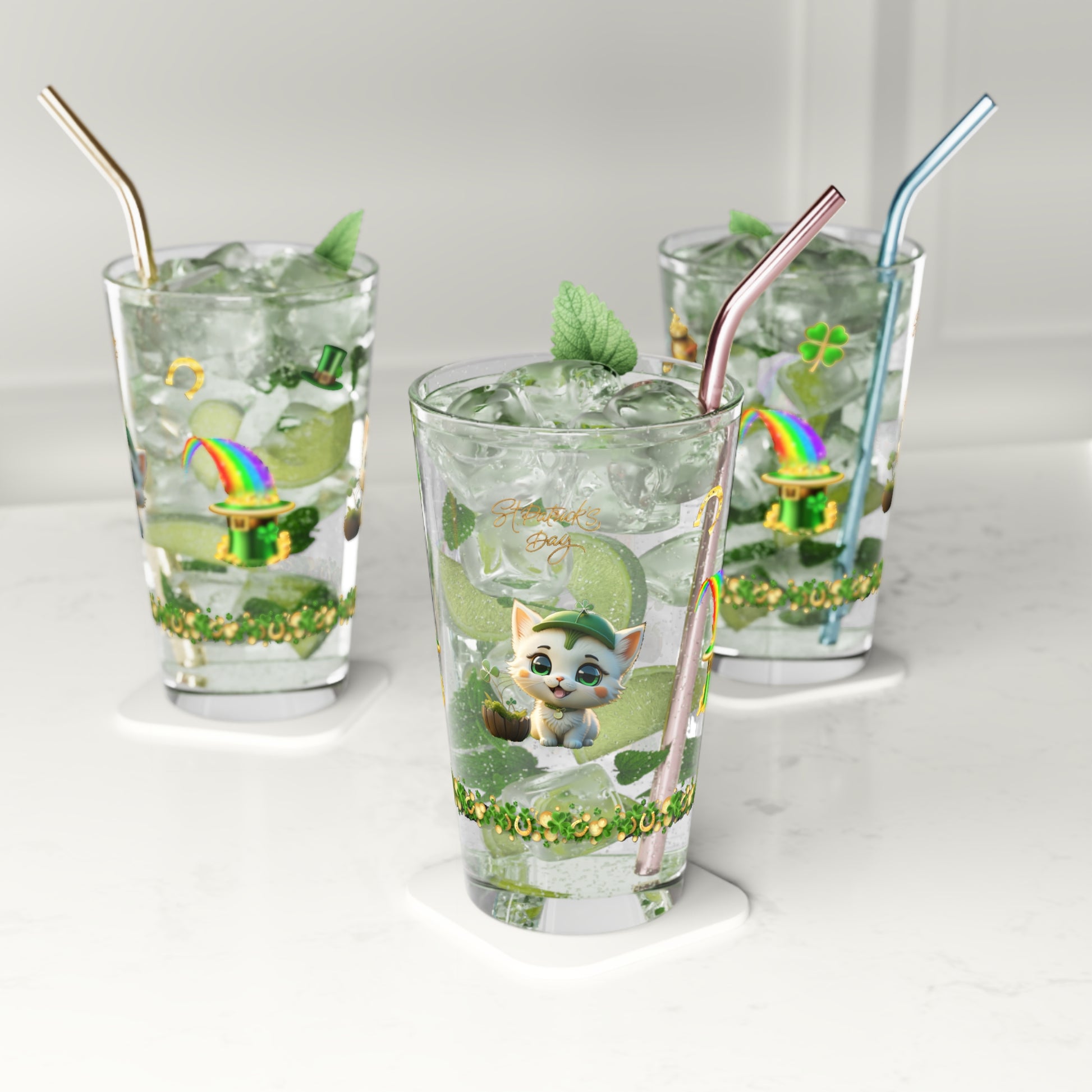 Clover Comfort Cat: Mindful St. Patrick's Day 16oz Pint Glasses - Festive Design for Positivity & Wellness